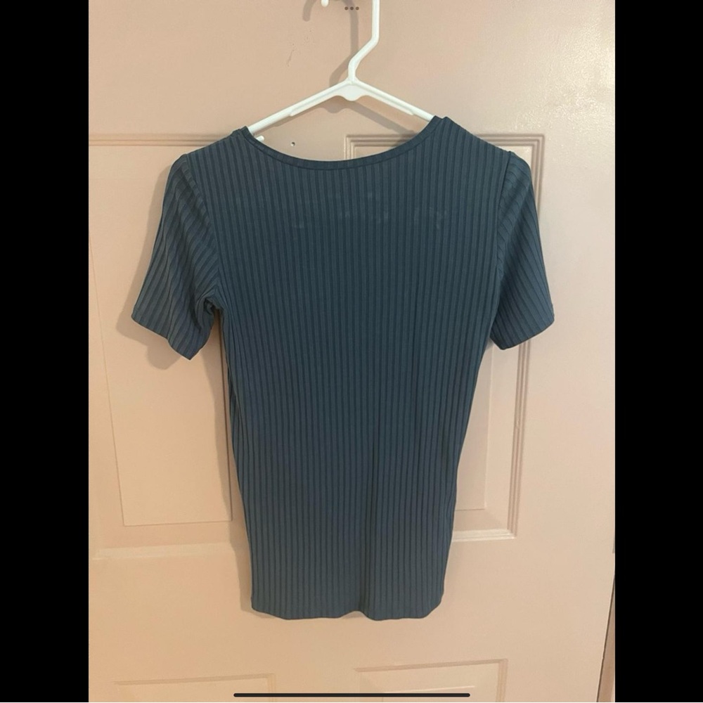 Elegant  blue Ribbed Short Sleeve Top